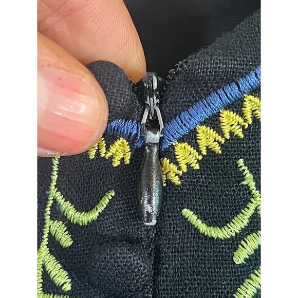 Retro Floral Linen Tank Dress 14 Black Cottagecore Embroidery Boho Old Money 90s - Picture 8 of 13